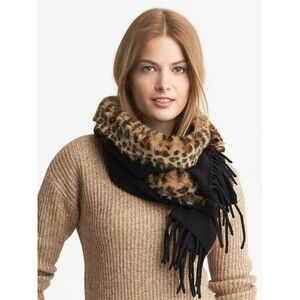 Banana Republic Black/Faux Fur Trimmed Fringe Knitted Large Wool Bld Scarf 80"